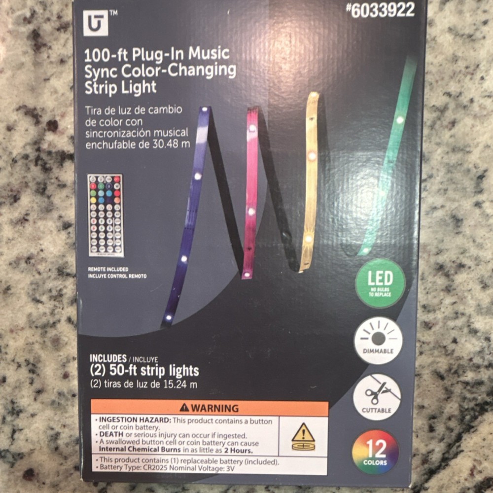 Utilitech 100-ft Plug-In Music Sync Color-Changing LED Light Strip, Remote
