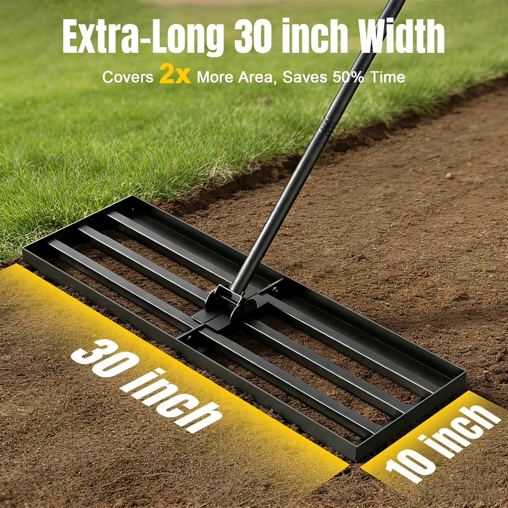 30" Lawn Leveling Rake with Adjustable Handle and Rotating Head, Steel Construct