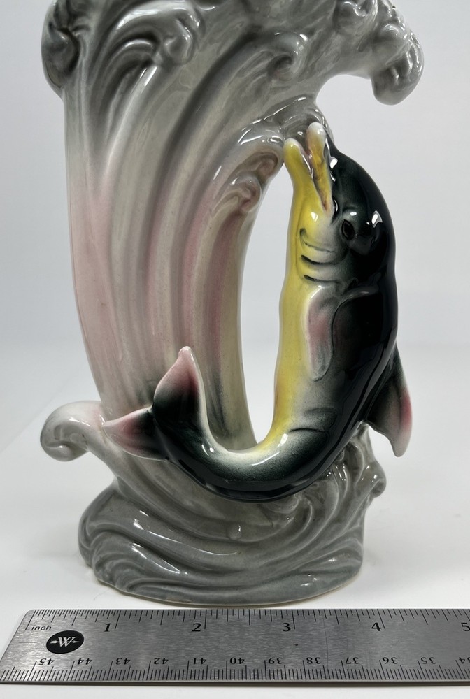 Pair Vintage Lefton Ceramic Vases Dolphins In A Wave