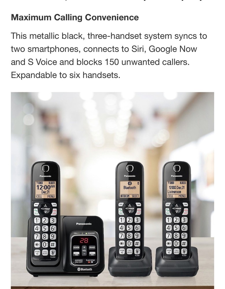 Panasonic, DECT 6.0 Bluetooth 3-Handset Phone System, Link2Cell No Landline Need