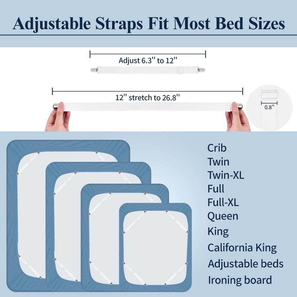 Adjustable Fitted Sheet Straps, Stays In Place, White 4Pcs, All Bed Sizes