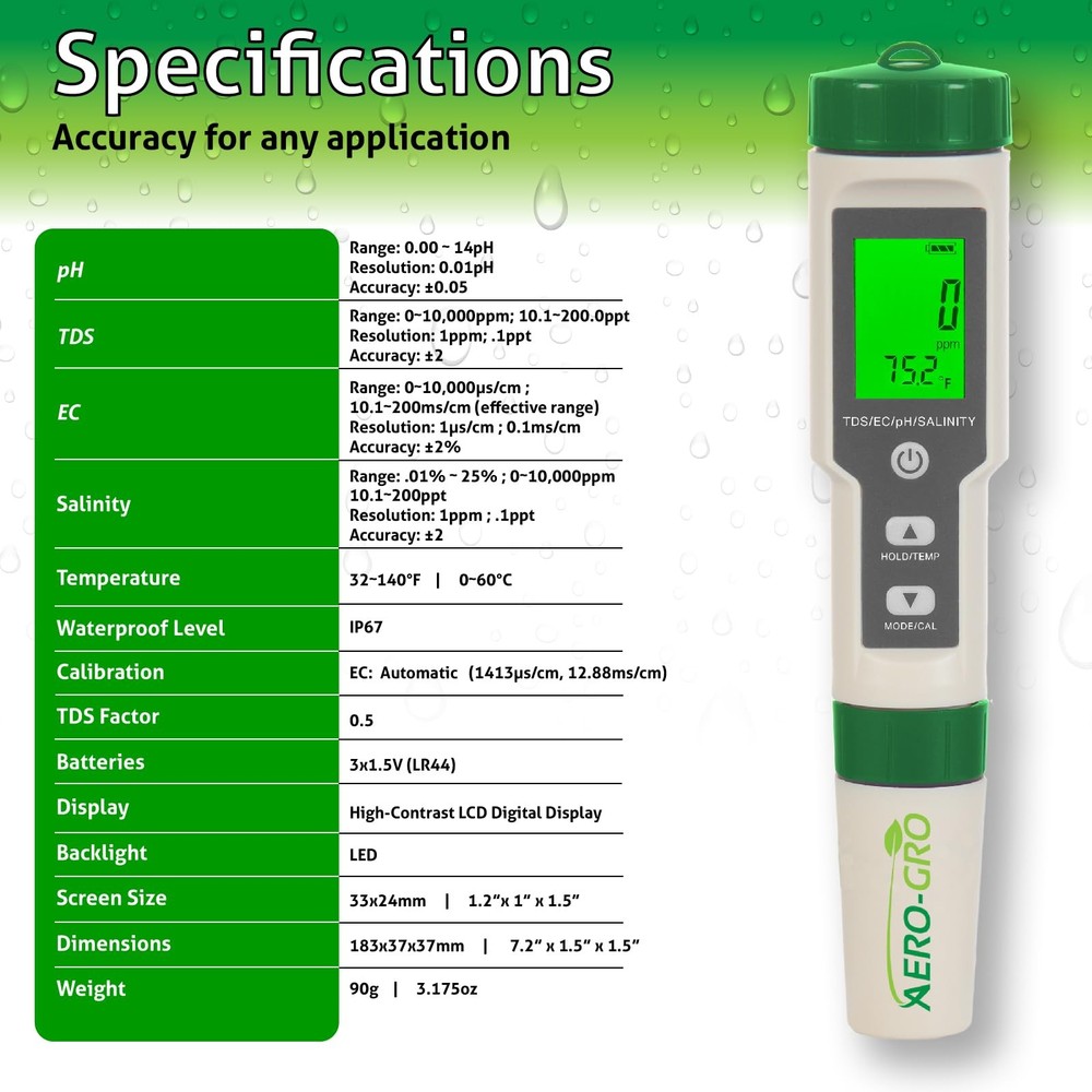 AEROGRO Digital 5in1 Meter 5 Functions pH, TDS, EC, Salinity%, Salinity ppm, ...