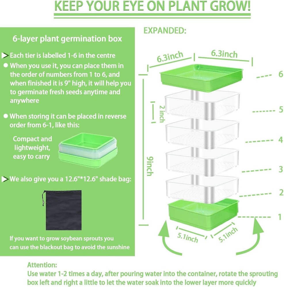 4-Tier Seed Sprouting Kit / Drain Holes & Tray, Stackable / Seed Sprouter Tray