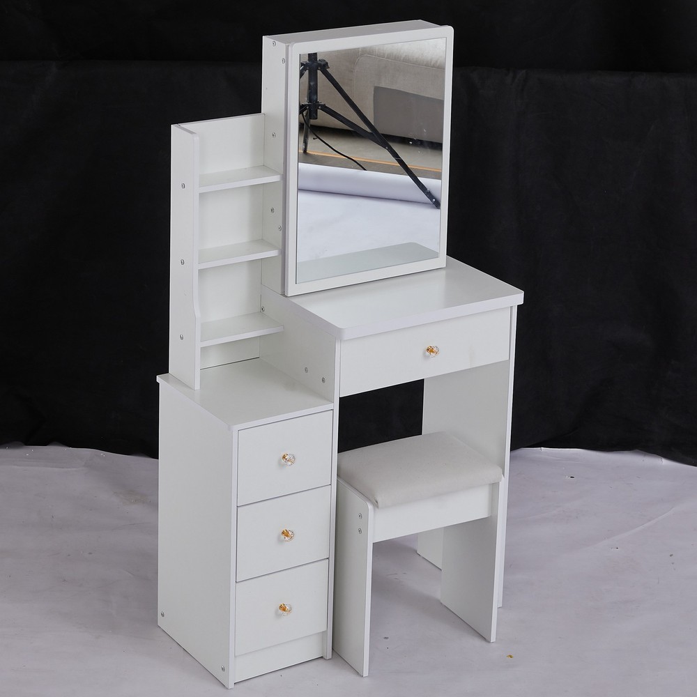 29.2" Small Space Left Bedside Cabinet Vanity Table + Cushioned Stool, Extra Lar
