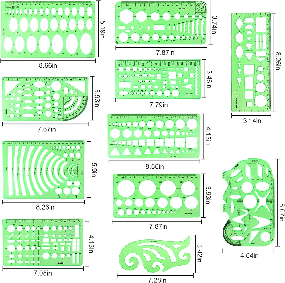 11PCS Geometric Drawings Templates, Drafting Stencils Measuring Tools, Plastic