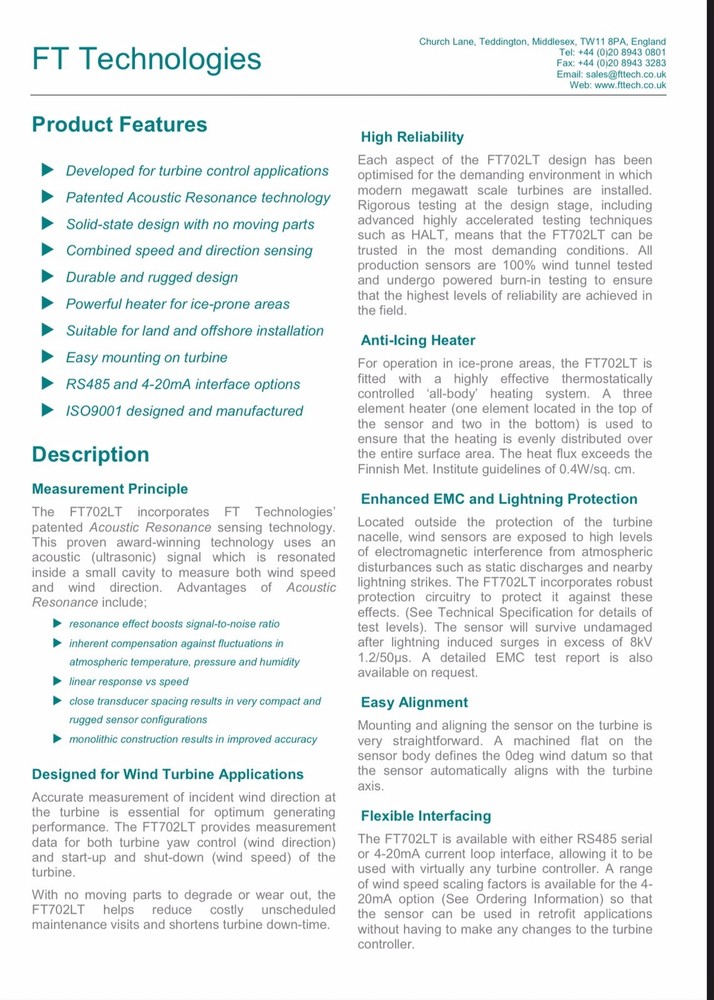 FT Technologies FT702LT V20 Wind Sensor Wind Vane Anemometer With Cable
