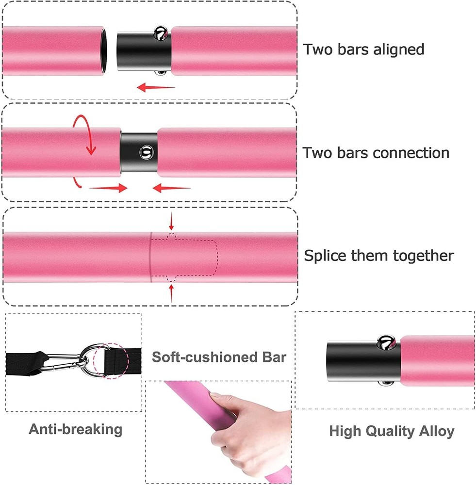 3-Section Pilates Bar Kit with 4 Stackable Resistance Bands PINK (30/40 LBS)