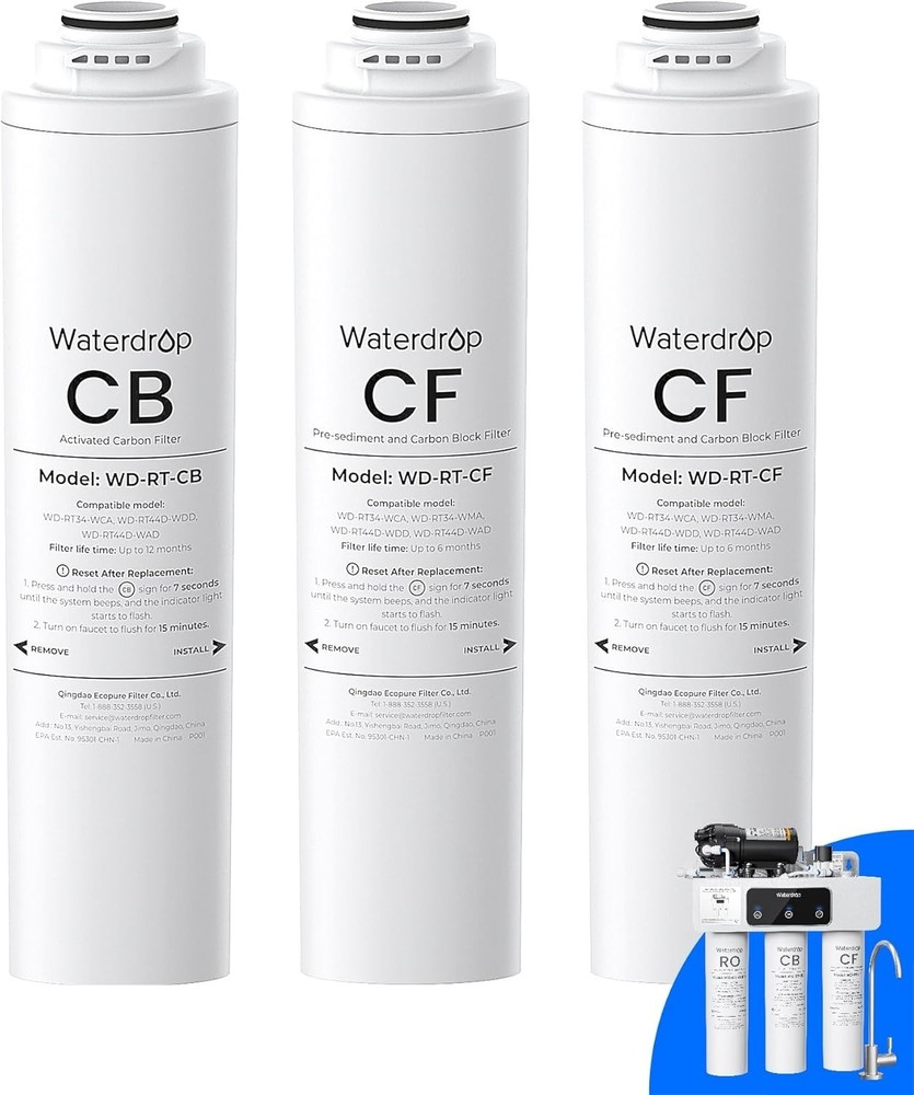 Waterdrop WD-T3-RC Replacement Filter 1-Year Combo, Pack of 2 CF and 1 CB Filter