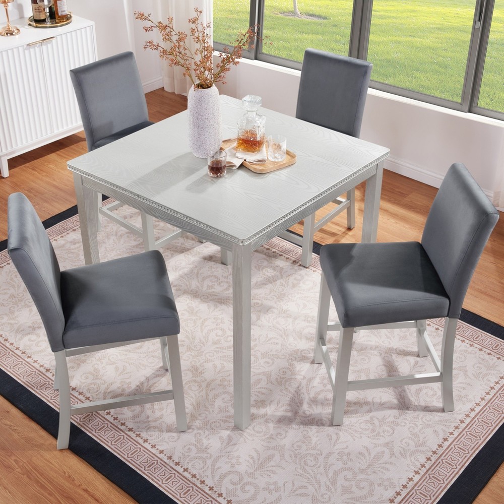 Modern 5 Piece Dining Table Set Wood Square Dining Table & 4 Chairs Silver Gray