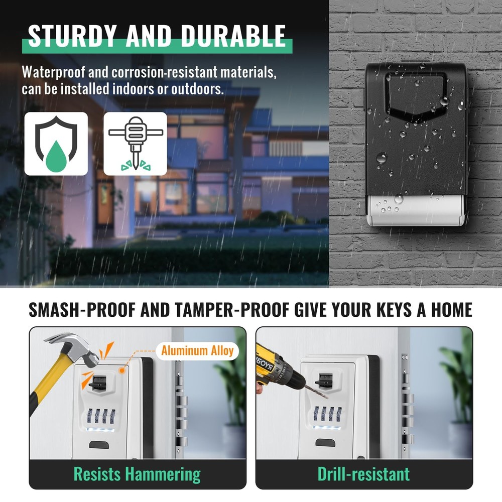 Waterproof Combination Key Lock Box with Light-Up Dials
