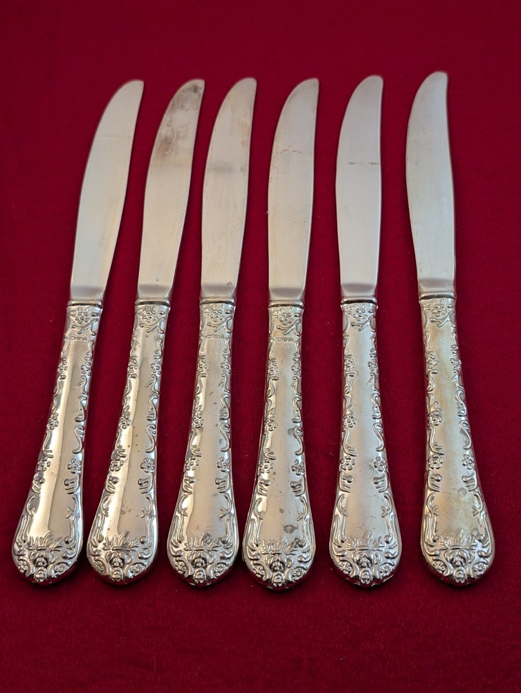 Set Of 6 Enchanted Rose Unmarked SilverPlate Solid Dinner Knives Flatware