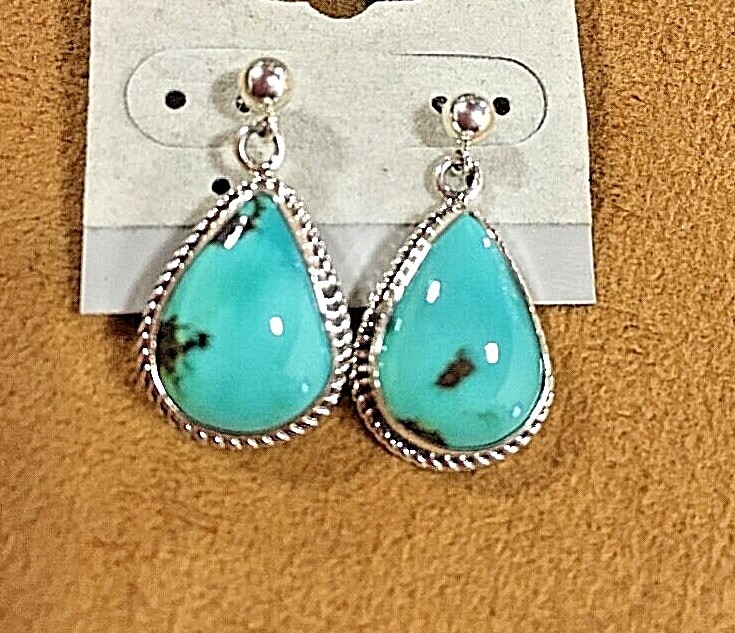 Sterling Silver .925 Turquoise Drop Earrings Signed By Navajo SH