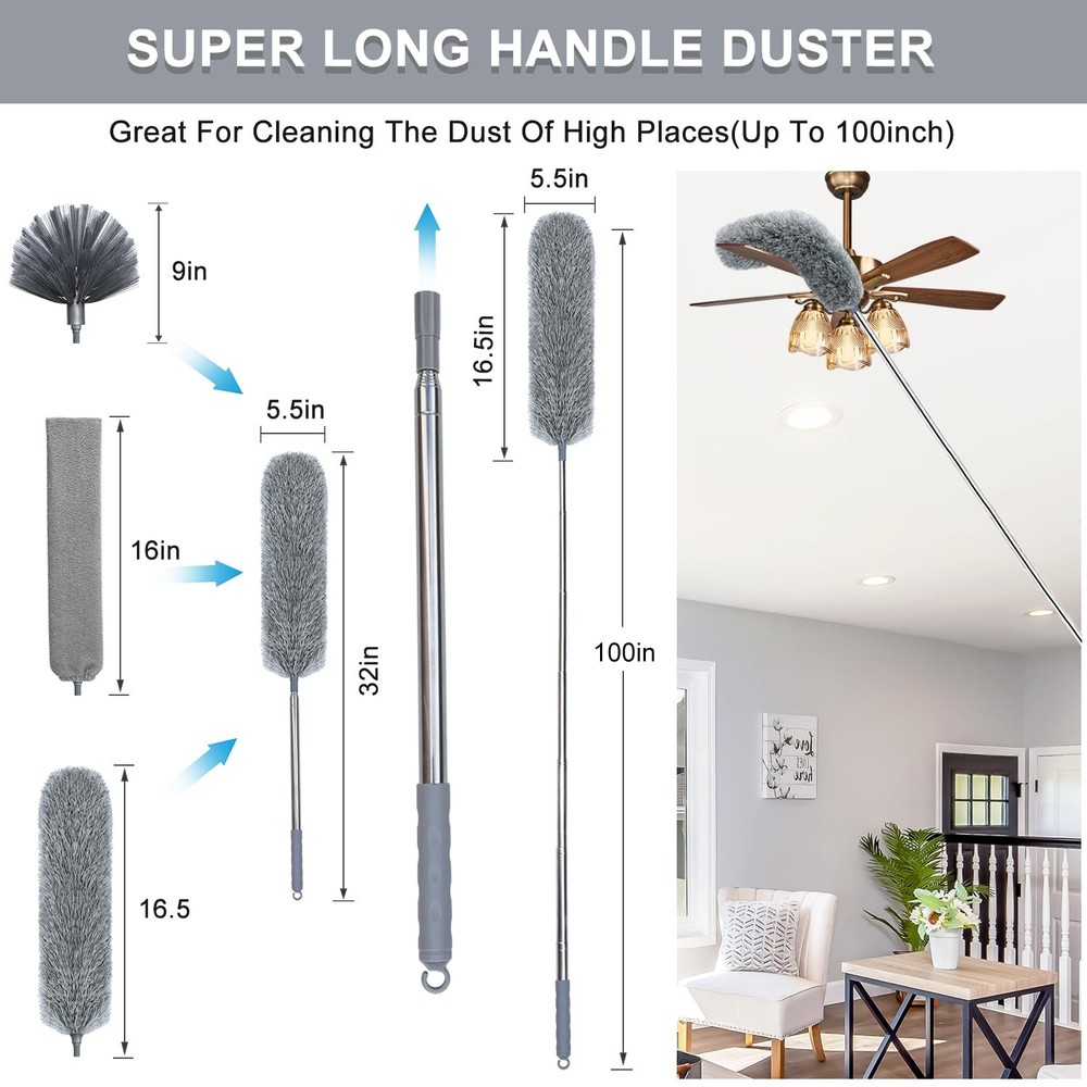 100" Microfiber Feather Dusters for Cleaning, Cobweb Duster with Gray