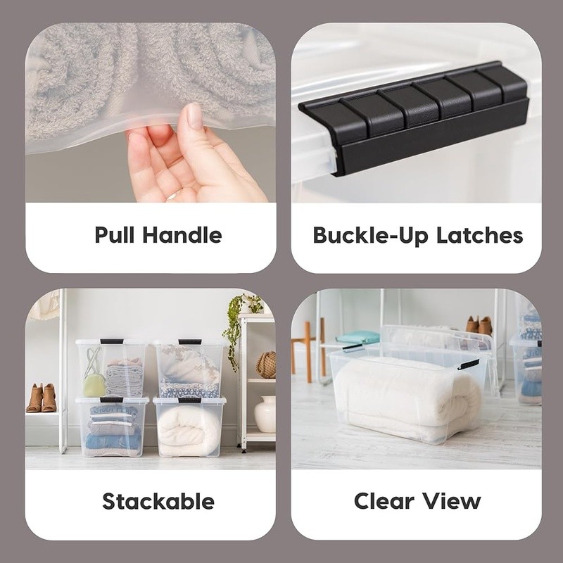 Stackable Clear Storage Bins W/ Locking Lids Pull Handles BPA Free 4 Pack New