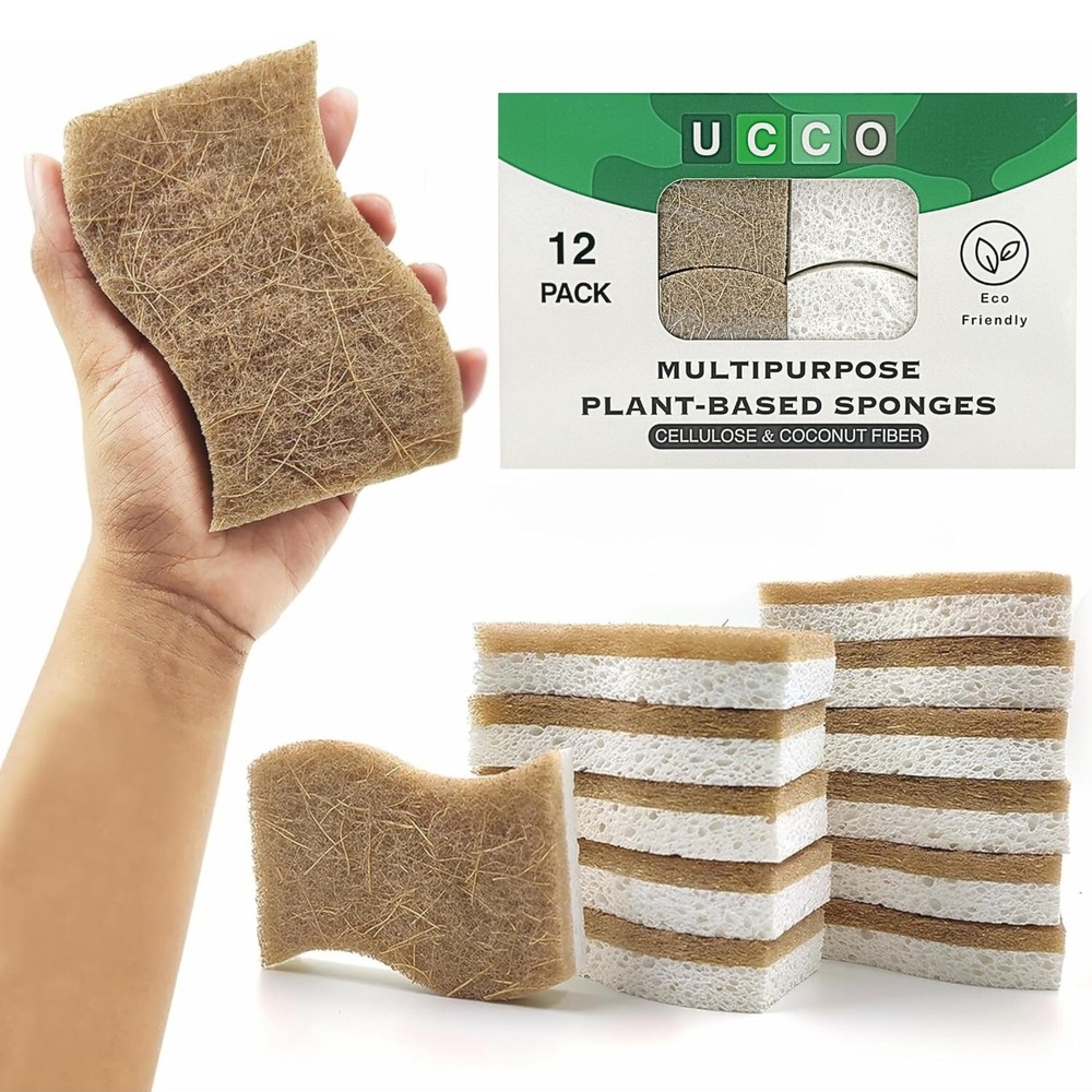 Eco Friendly Biodegradable Kitchen Sponges 12 Pack – Natural Compostable Cell...