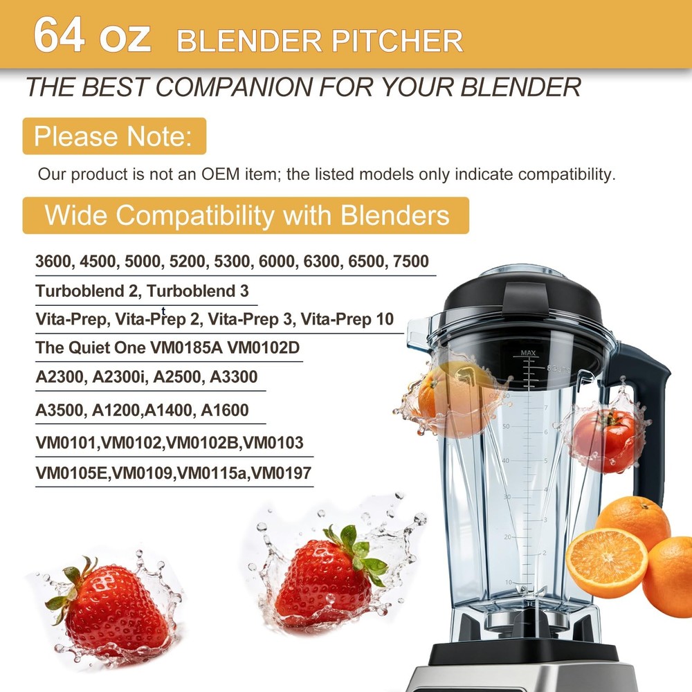 Blender Pitcher 64oz Replacement Container Compatible with 64oz, Transparent