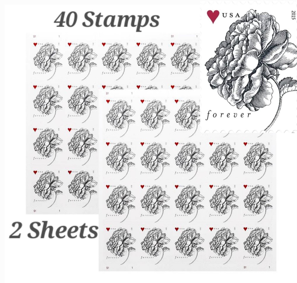 40 FOREVER Stamps 2 SHEETS Vintage Rose Postage