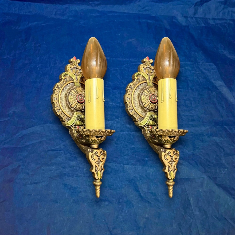 Great Pair Antique Wall Sconces Polychrome Finish 30J