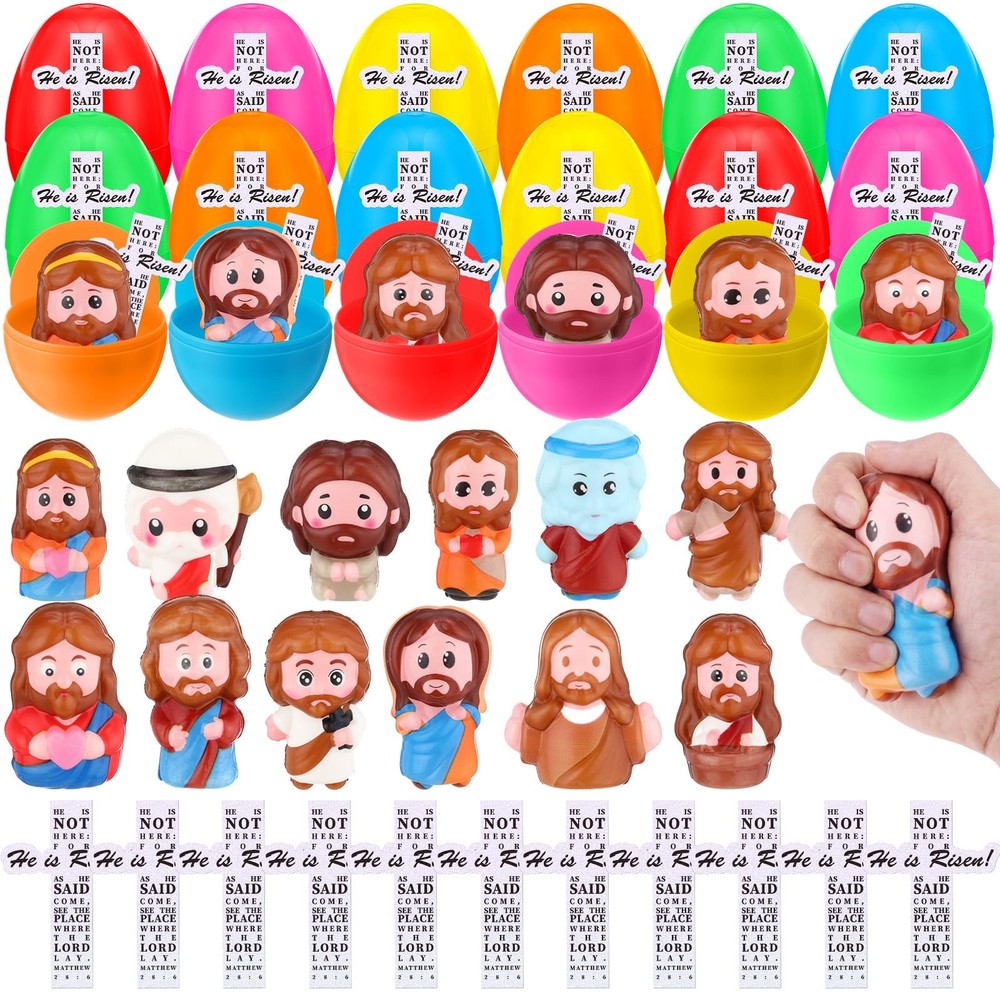 36 Sets Easter Eggs with Little Jesus Squeeze Figures He Is Risen Scripture C...