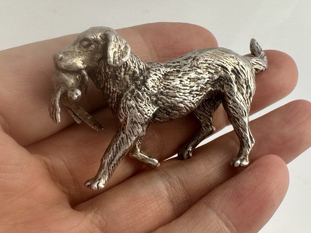 Vintage Solid Silver Miniature Retriever With Duck c.1979