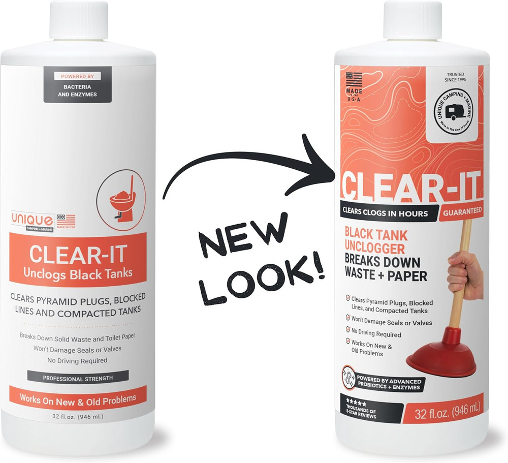 Clear-It RV Black Tank Unclogger Liquid - Breaks through Pyramid Plugs, Compacte