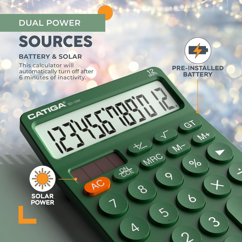 Dual Power 12-Digit Calculator with Responsive Buttons - Perfect for Study