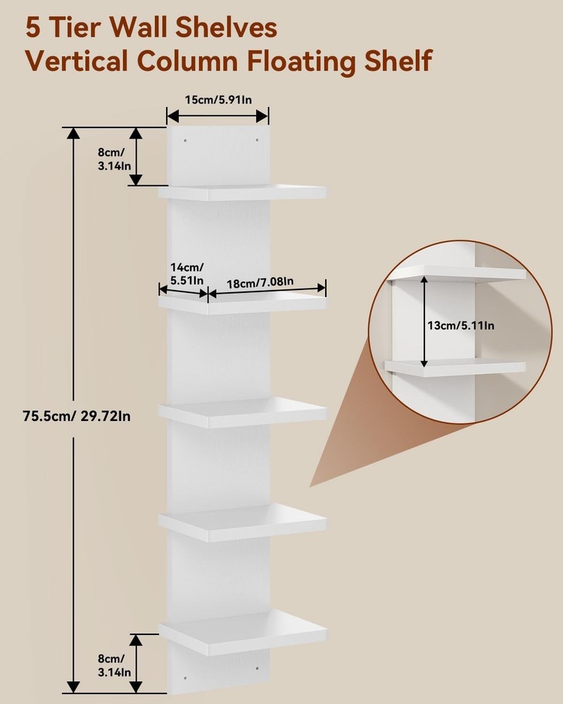 5 Tier Wall Shelf Unit,White Vertical Shelf,Floating Storage Wall Shelf