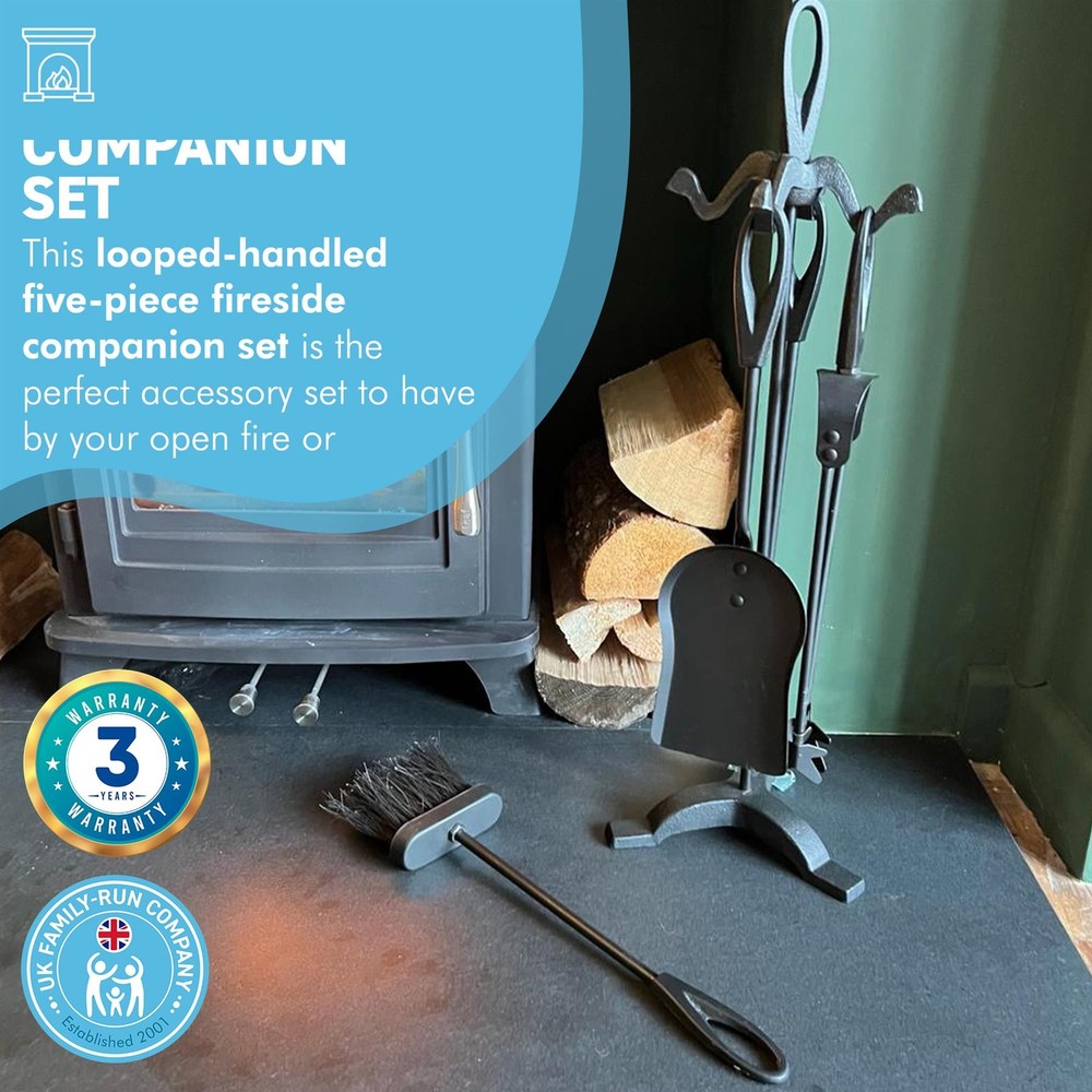 Large Five-piece metal black loop-handled Fireplace Companion Set