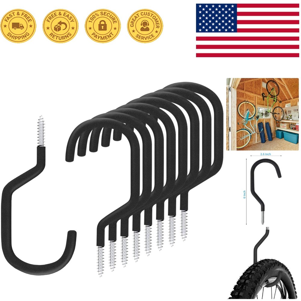 8-Pack Heavy-Duty Galvanized Bike Storage Hooks - Rubber Coated for Ceiling Use