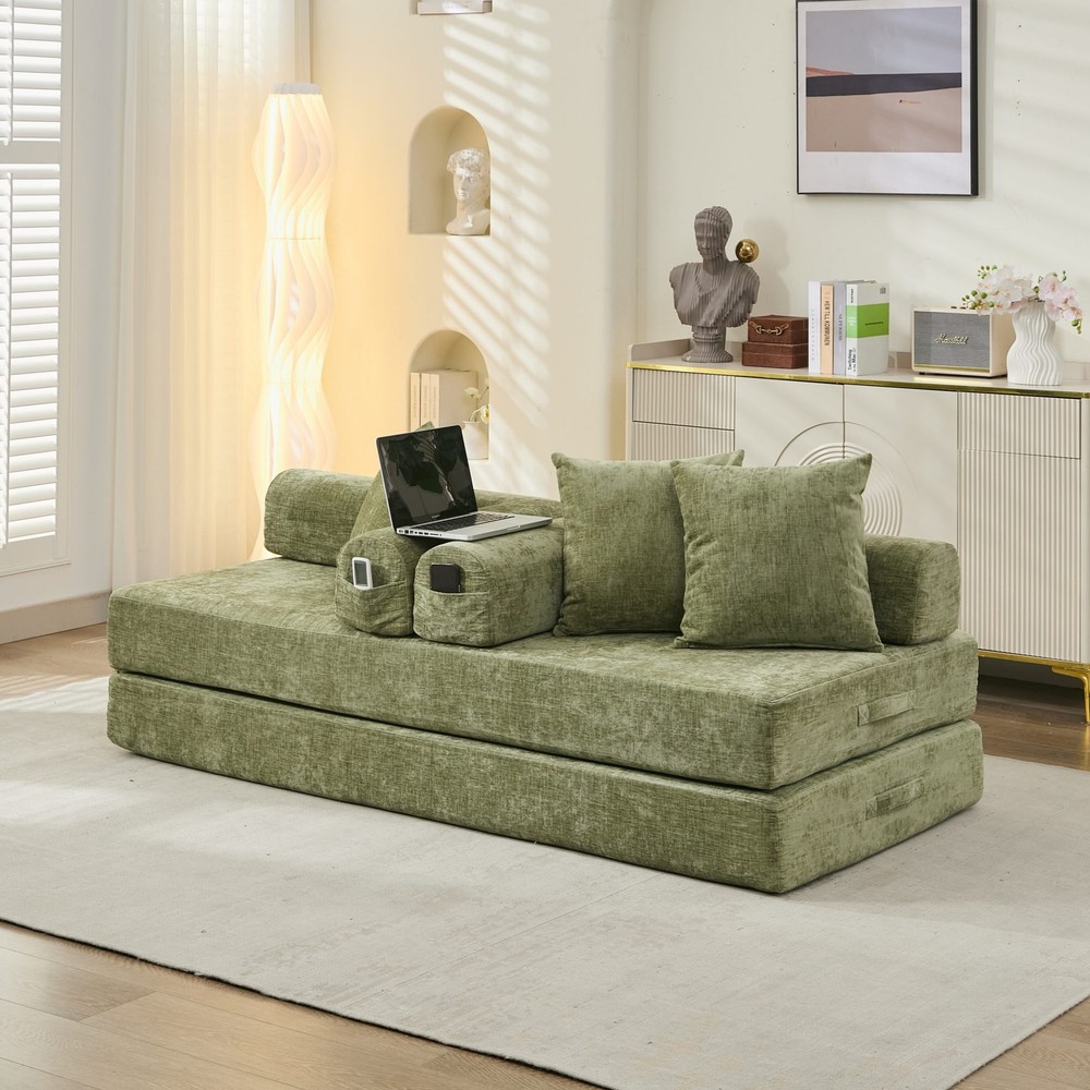 Multi-Functional Floor Sofa Convertible Folding Chenille Bed Sofa Couch Green