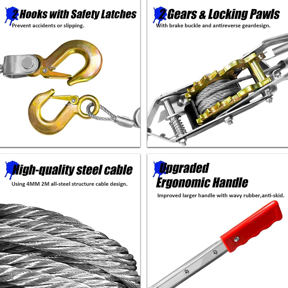 Come Along Winch 1T/2T Pulling Capacity 7FT Steel Cable 2 Hooks