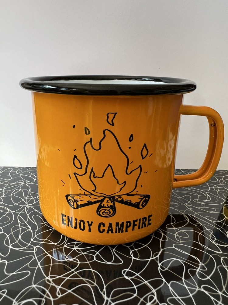 ORANGE Enamelware "Enjoy Camping" Metal Mug / Cup