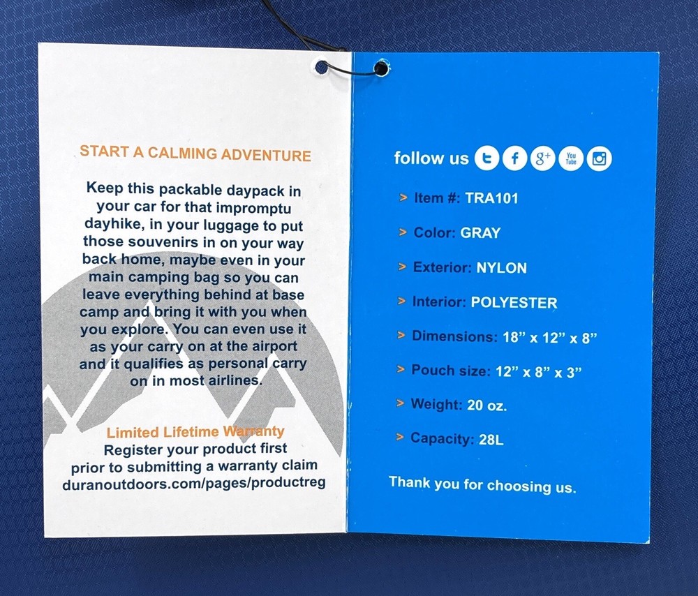 Duran Outdoors Trailhead Packable Travel Daypack Convertible Backpack Bag Pack