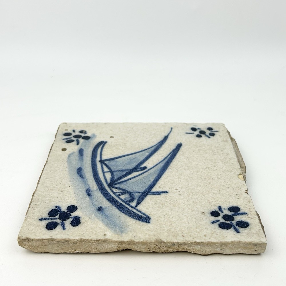 Antique Delft Clipper Ship Blue Hand Painted Tile