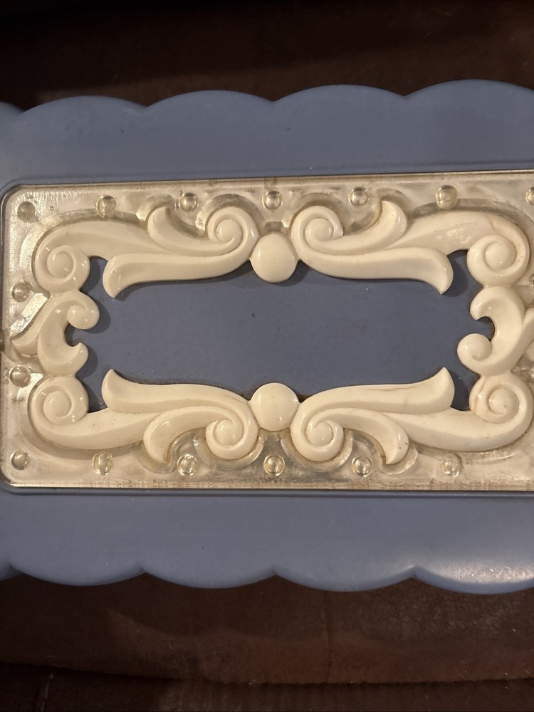 Vintage Dusty Blue Plastic Makeup Storage Box with Scrollwork