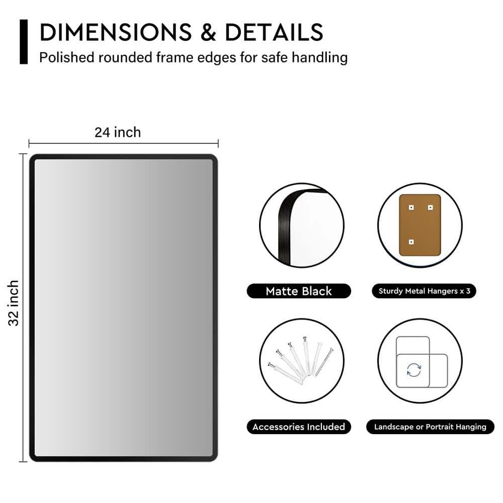 BWE 24"x32" Rectangular Metal Framed Bathroom Vanity Mirror Wall Mount Black