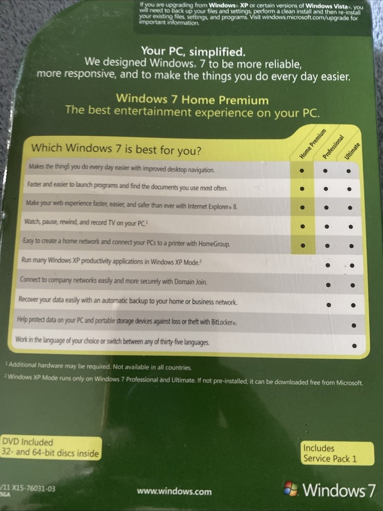 MICROSOFT Windows 7 Home Premium ~ 32 & 64 Bit Discs w/ Service Pack 1 ~ SEALED