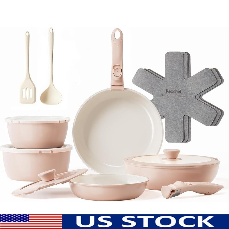 16pcs Nonstick Ceramic Cookware Set Stackable Oven Safe Removable Handle New