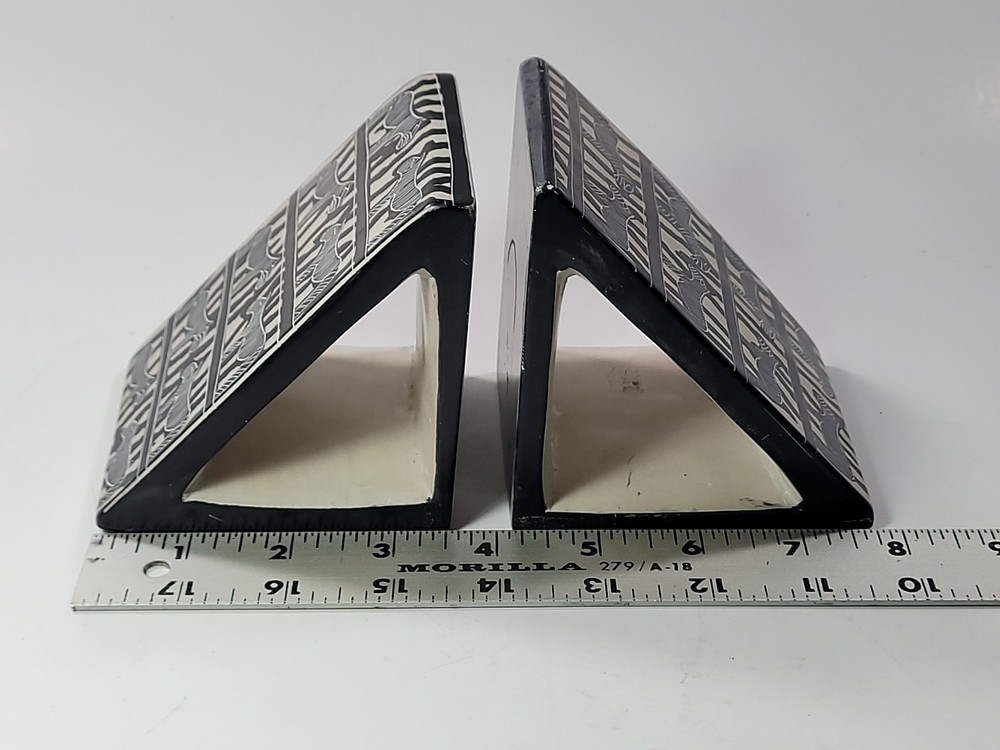 Zebra Pattern Bookends Hand Carved Besmo Stone Triangle Shape Kenya Book Ends