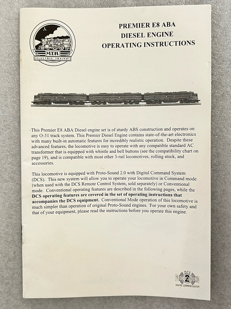 MTH Premier E8 ABA Diesel Engine Operating Instructions In EXCELLENT Condition