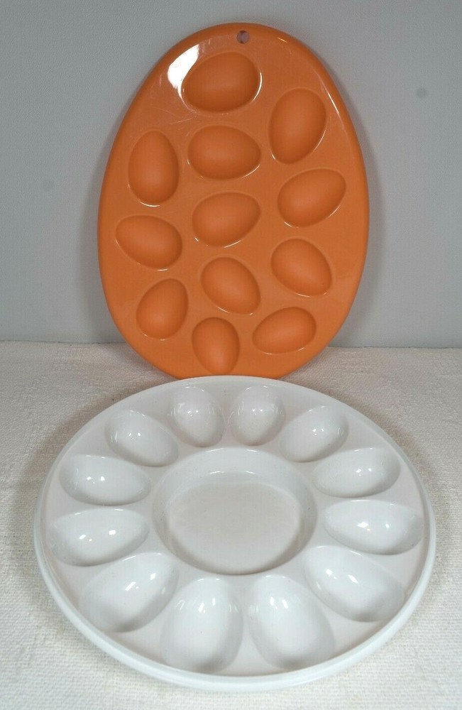 Easter 2 Plastic Deviled Eggs Trays - 1 Orange Oval, 1 Round Shaped + FREE Bunny