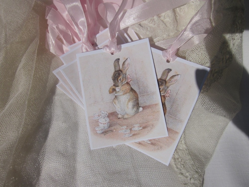 CHARMING Tea Drinking Bunny Gift Tags Glitter 8