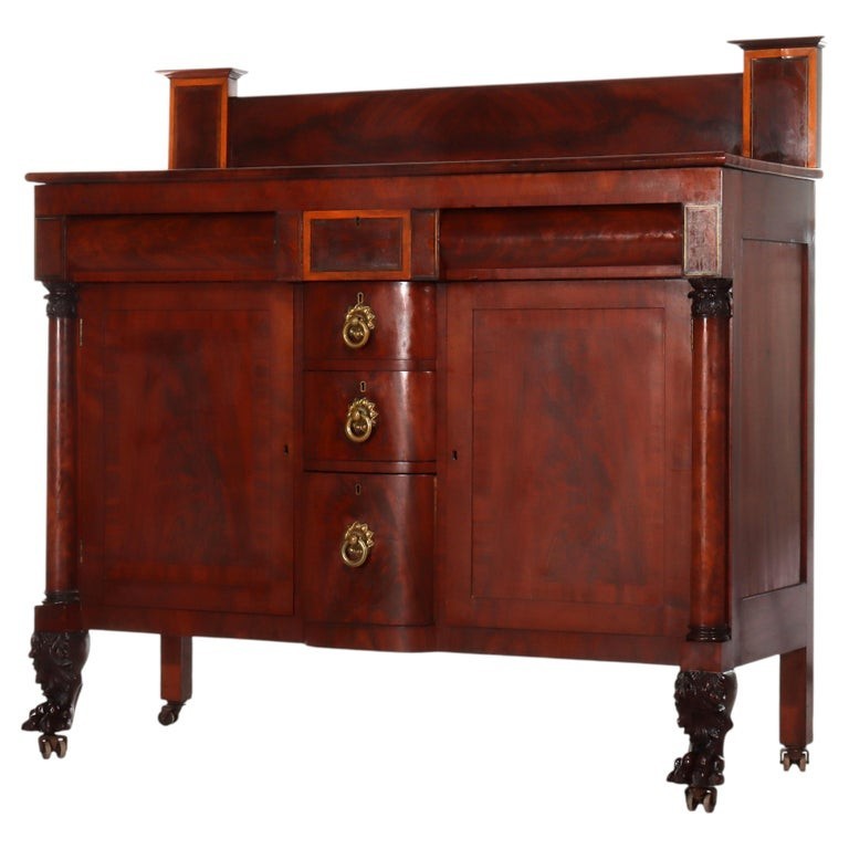 Antique American Empire Classical Flame Mahogany Sideboard, Bronze Pulls, c1840