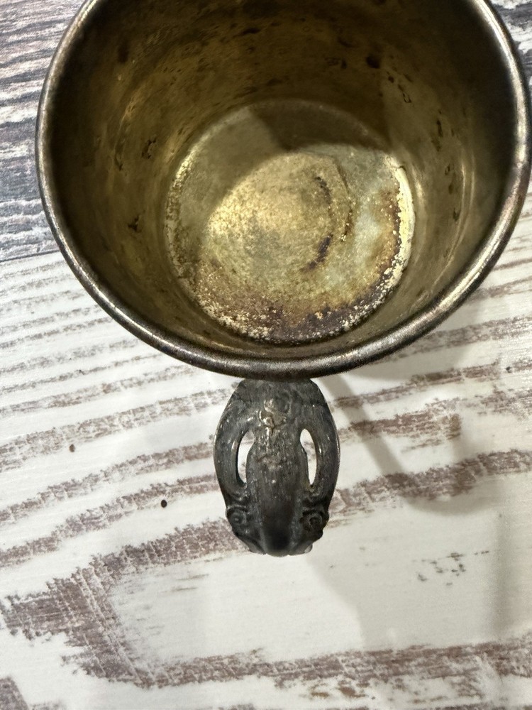 Antique Silverplate Cup with Ornate Handle and Engraving