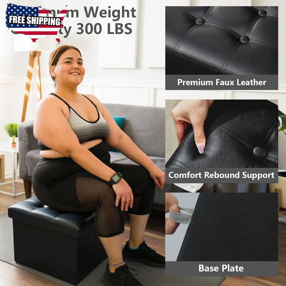 Storage Ottoman Folding Foot Rest Stool, Leather Footstool Bench ✅