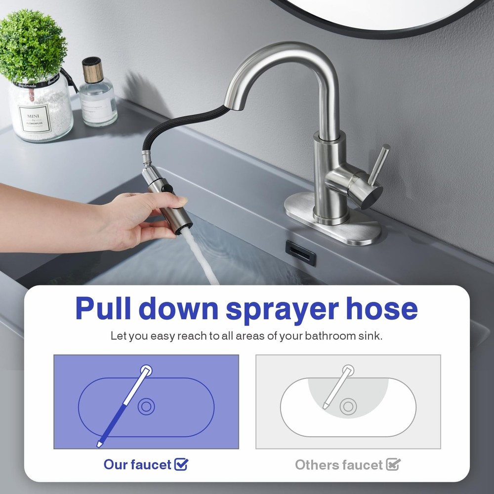 Bathroom Sink Faucet with Pull Down Sprayer, Brushed Nickel Single Handle Pul...