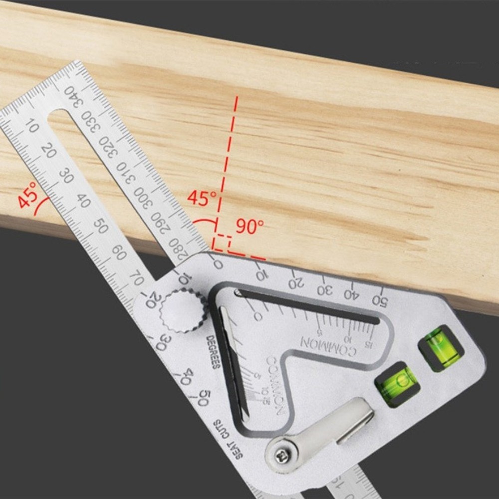 Compact Stainless Steel Woodworking Ruler Level Triangle and Protractor Tool