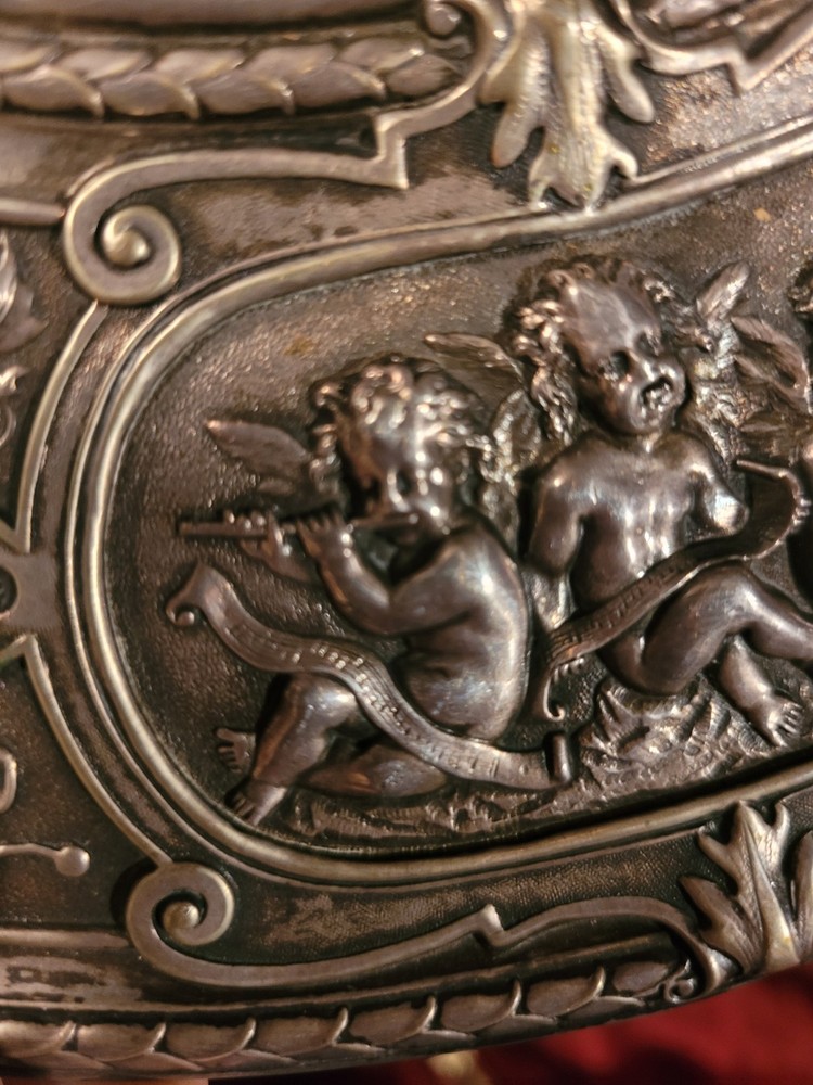 Solid 800M German Silver 10" Plate With Embossed Cherub Scenes. Gorgeous Plate!