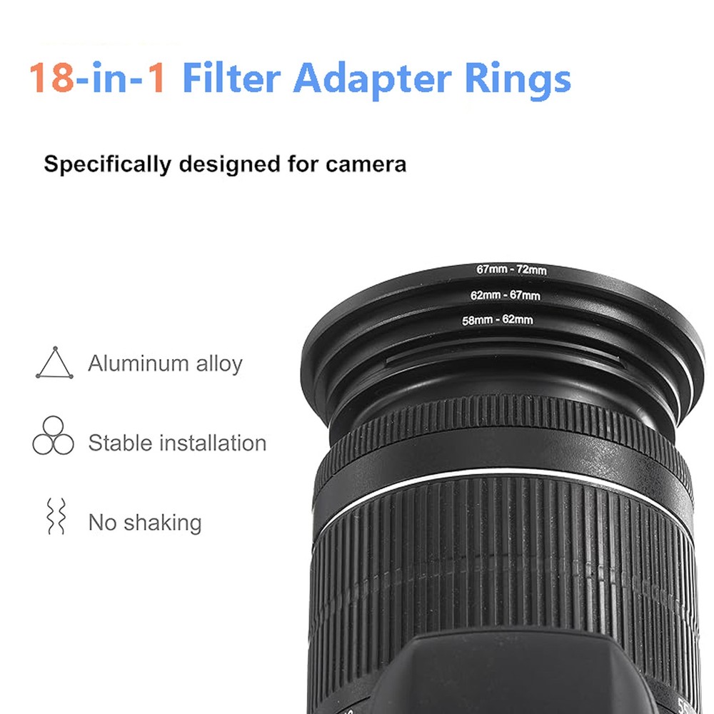 18pcs 37- 82mm Step Up & Step Down Filter Adapter Ring for DSLR Camera Lens US