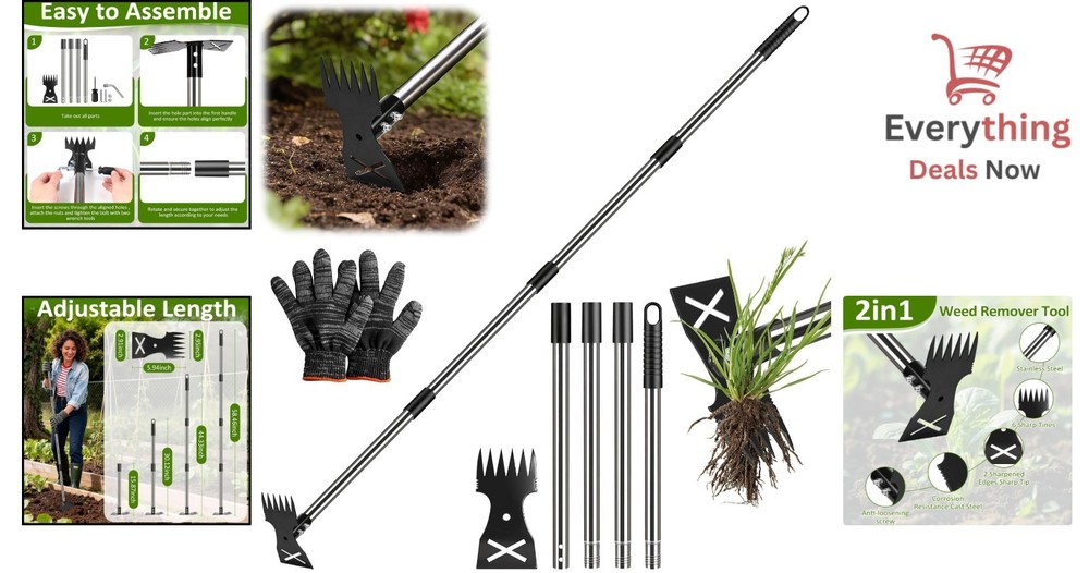 2-in-1 Weed Puller Tool & Garden Hoe Long Handle Manual Weeder Rake Adjustable